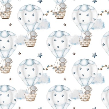 Yıldızlı sıcak hava balonları içeren yumuşak suluboya tasarımı, sarma veya duvar kağıdı uygulamaları için mükemmel.