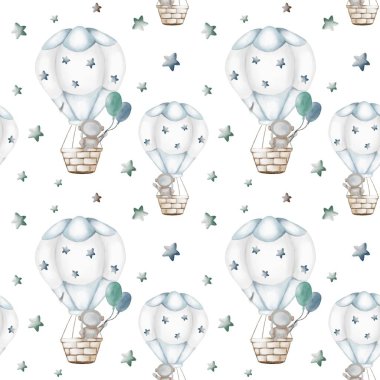 Yumuşak renklerde ve yıldızlı tuhaf balonlar çeşitli yaratıcı kullanımlar için uygun büyüleyici bir tekstil deseni oluşturur..
