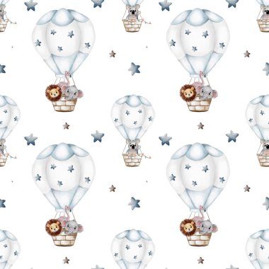 Tatlı sıcak hava balonları sevimli hayvanlarla yüzer, kumaş ve duvar kağıtları için mükemmel büyüleyici ve neşeli bir tasarım yaratır..