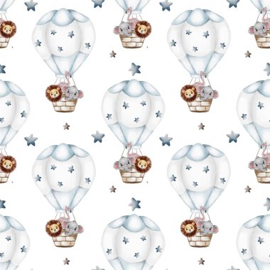 Aslan ve fil taşıyan kaprisli sıcak hava balonları çeşitli dekorasyonlara uygun büyüleyici bir tekstil tasarımı yaratır..