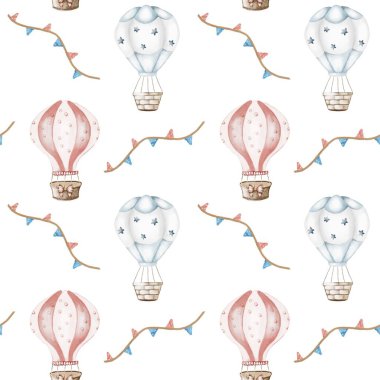 Bu tasarım, temiz beyaz arka planda, tekstil için mükemmel kaprisli sıcak hava balonları ve çelenkler sergiliyor..