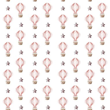 Renkli sıcak hava balonları ve yıldız desenleri sarma veya tekstil için ideal bir tasarım oluşturur.