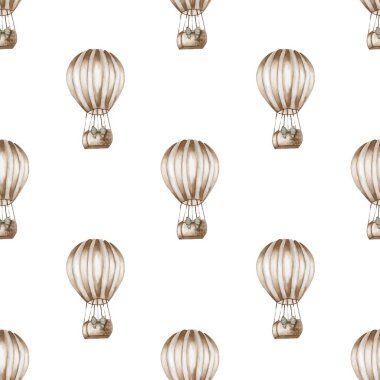 Bu desen beyaz üzerine nötr tonlarda, çeşitli tekstil uygulamaları için ideal sıcak hava balonları içerir..