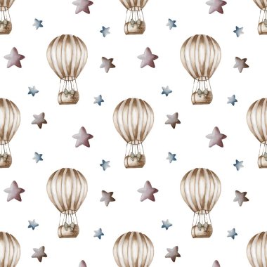 Kaprisli sıcak hava balonları ve yıldızlar sarma, tekstil veya el sanatları için ideal beyaz bir zemin üzerine basılmıştır..