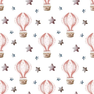 Bu desenli tekstil renkli sıcak hava balonları ve yıldızları içeriyor. Yaratıcı ambalaj ve dekor projeleri için mükemmel..