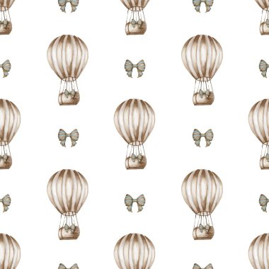Temiz beyaz bir zemin üzerinde sıcak hava balonları ve fiyonkları koleksiyonu, çeşitli kumaş ve ambalaj kullanımları için ideal..