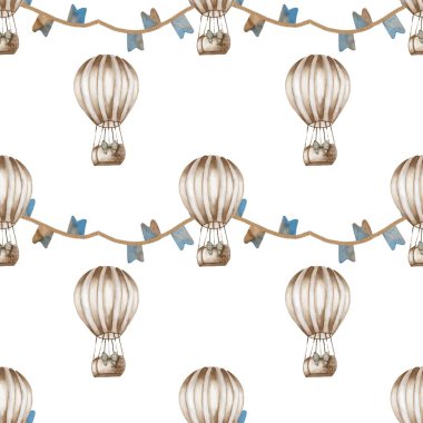 Güzelce tasarlanmış suluboya sıcak hava balonları çeşitli dekoratif kullanımlar için ideal, canlı bir tekstil deseni yaratır..