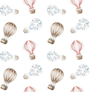 Büyüleyici suluboya sıcak hava balonları beyaz arka planda pürüzsüz bir desen içinde düzenlenir, çeşitli zanaat projeleri için idealdir..