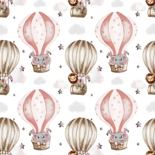 Yumuşak bir zemin üzerinde sevimli filler ve aslanlar olan sıcak hava balonları tasarımı, kumaş için ideal..