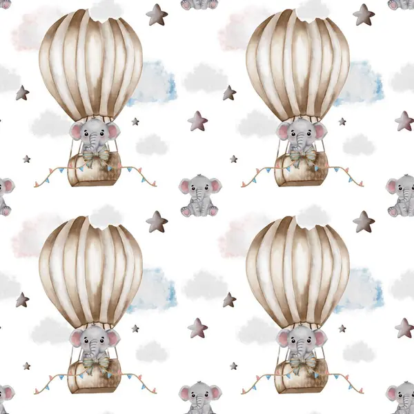 Tatlı filler, yumuşak bulutlar ve yıldızlarla çevrili sıcak hava balonunda gezerler. Çocuk dekorasyonu ya da kumaş tasarımı için mükemmeldir..