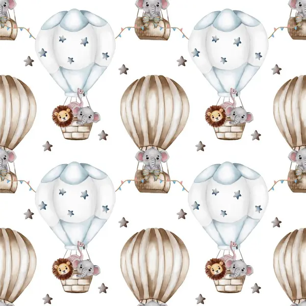 Bu tasarım, tekstil projeleri için mükemmel, pürüzsüz desenli neşeli hayvanlarla dolu kaprisli sıcak hava balonları içeriyor..
