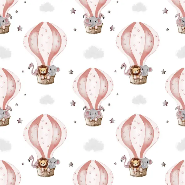 Sevimli hayvanlarla dolu renkli sıcak hava balonları beyaz arka planda süzülür, büyüleyici ve çok yönlü bir model yaratır..