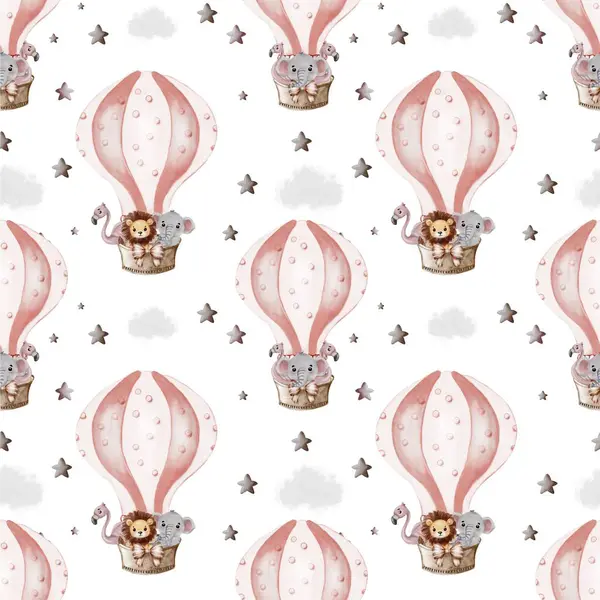 Bu desen büyüleyici sıcak hava balonları sergiliyor. Aslan, fil ve sıcak bir arka plan. Yıldızlar ve bulutlar..