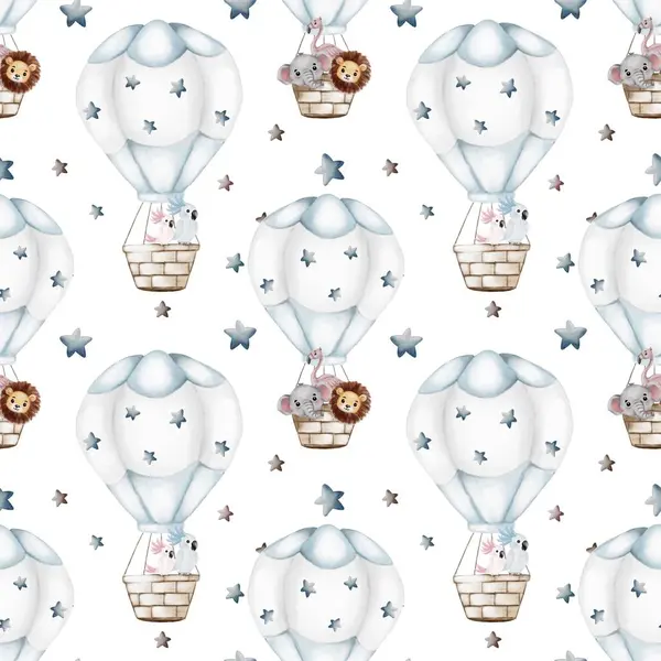 Şirin hayvanlarla dolu renkli suluboya balonlar beyaz bir zemin üzerinde yüzer, neşeli ve neşeli bir desen oluşturur..