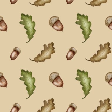 Bu kusursuz tasarım, sonbahar temalı tekstil ve ambalajlar için mükemmel olan palamut ve meşe yapraklarını sergiler..