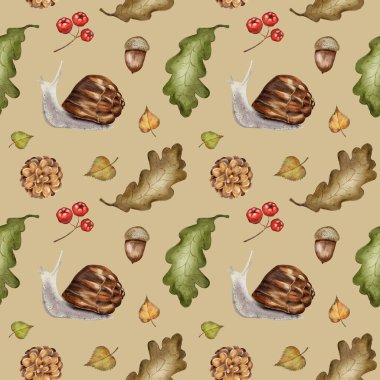 Suluboya sanat eserlerinde salyangoz, yaprak ve meşe palamudu gibi sonbahar elementleri sergilenerek, tekstil için pürüzsüz ve canlı bir baskı yaratılıyor..