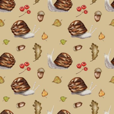 Suluboya deseninde salyangoz, meşe palamudu ve sıcak bir zemin üzerinde renkli yapraklar gibi çeşitli sonbahar elementleri sergilenmektedir..