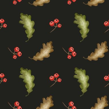 Bu desen, tekstil ve ambalaj kağıtları için ideal olan koyu arkaplanda canlı sonbahar yaprakları ve böğürtlenleri sergiliyor.