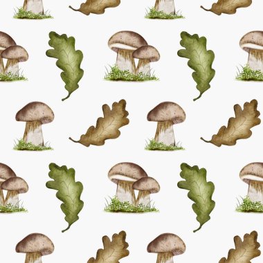 Bu pürüzsüz desen, sonbahar temalı tekstil veya ambalaj kağıdı için mükemmel suluboya mantarlar ve meşe yaprakları sergiler..