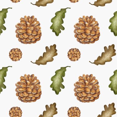 Bu tasarım, sonbahar temalı kumaşlar için mükemmel kozalaklı ve meşe yapraklı kusursuz bir suluboya deseni sergiliyor..