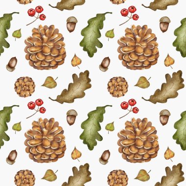 Bu tasarım, sonbahar temalı kumaşlar için mükemmel kozalaklı ve meşe yapraklı kusursuz bir suluboya deseni sergiliyor..