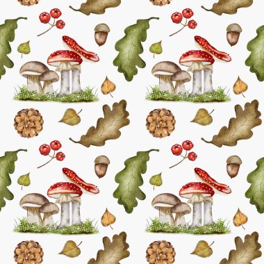 Canlı suluboya tasarımı. Mantar, meşe palamudu ve sonbahar yaprakları sergileniyor. Tekstil için mükemmel..