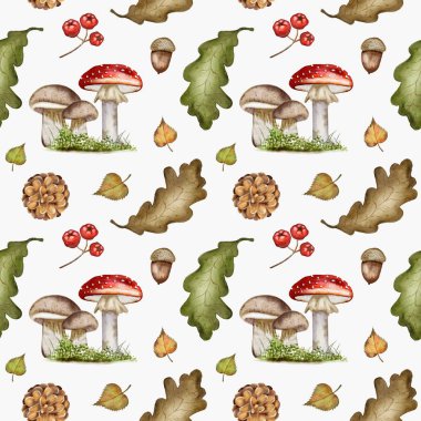 Bu güzel suluboya deseninde canlı sonbahar mantarları, meşe palamutları, yapraklar ve böğürtlenler var. Kumaş tasarımı için mükemmel..