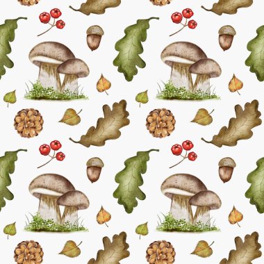 Bu sonbahar temalı desen mantar, meşe palamudu, yaprak ve böğürtlen sergiler, tekstil ve paketleme amaçları için mükemmeldir..