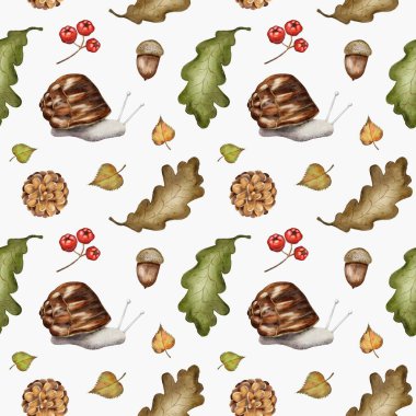 Bu canlı suluboya deseni, kumaş tasarımları için ideal olan yapraklar, salyangozlar, meşe palamutları ve meyveler gibi sonbahar elementlerini yakalar..