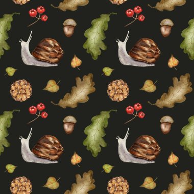 Bu kusursuz tasarım sonbahar yaprakları, meşe palamutları ve meyvelerle çevrili tuhaf salyangozlar sergiliyor. Tekstil ve dekor için mükemmel..