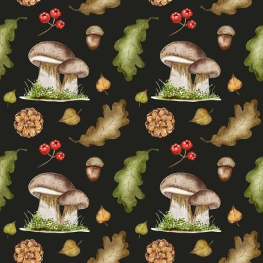 Mantarlı sonbahar suluboya deseni, renkli yapraklar, ve koyu arkaplanda meşe palamudu, tekstil için harika..