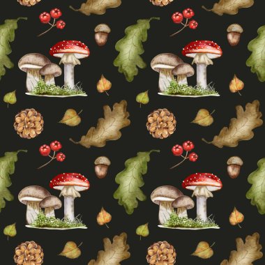 Bu kusursuz suluboya deseninde canlı sonbahar yaprakları, mantarlar ve meşe palamutları var. Tekstil ve ambalaj için mükemmel..