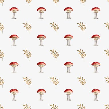 Bu tasarım, sonbahar temalı tekstil ve dekor için mükemmel kırmızı mantar ve altın yapraklardan oluşan pürüzsüz bir desen içerir..