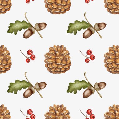 Bu tasarım tekrarlayan meşe palamudu deseni, kozalak ve yaprakları içerir, sonbaharın ruhunu canlı renklerde yakalar..