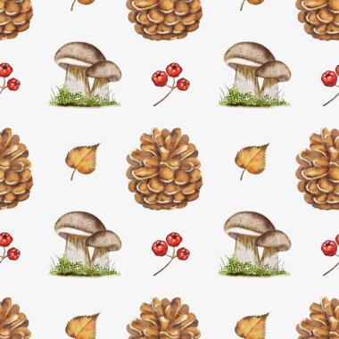 Bu desen, kumaş ve ambalaj için ideal olan mantar, kozalak ve kırmızı böğürtlen gibi güzel sonbahar elementlerini sergiler..