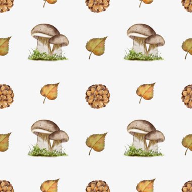 Hassas suluboya tasarımı mantar ve sonbahar yapraklarını tekstil ve ambalaj için mükemmel bir desen içinde sergiler..