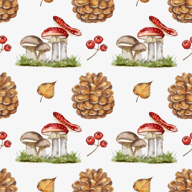 Suluboya deseni sonbahar elementleri içerir, mantar, kozalak ve yapraklar gibi, tekstil için ideal..