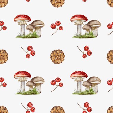 Mantar, kozalak ve böğürtlen içeren renkli suluboya deseni, sonbahar temalı kumaşlar ve duvar kağıtları için mükemmel..