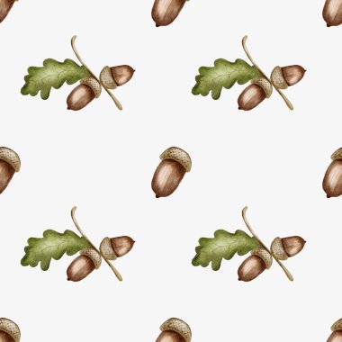 Bu dikişsiz suluboya deseni meşe palamudu ve meşe yaprakları içerir. Sonbahar temalı kumaş, ambalaj ve duvar kağıdı için mükemmeldir..