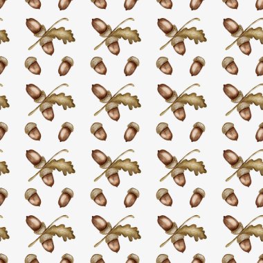 Meşe palamudu ve meşe yapraklarıyla boyanmış güzel bir suluboya tasarımı. Sonbaharın özünü tekstil desenlerinde yakalıyor..