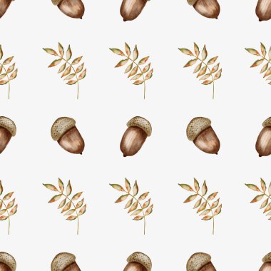 Bu karmaşık suluboya desenleri meşe palamudu ve narin yapraklar sergiliyor, sonbahar temalı tekstil ve dekor için mükemmel..