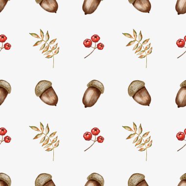 Kusursuz bir desen, sonbahar temalı tekstil için mükemmel palamut, yaprak ve meyvelerin suluboya çizimlerini sergiler..