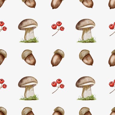 Parlak suluboya desenleri, mantarlar, meşe palamutları ve kırmızı böğürtlenler, sonbahar temalı tekstil ürünleri ve ambalajlar için mükemmel..