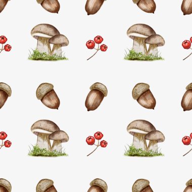 Bu tasarım sonbahar temalı projeler için ideal bir arka plan üzerinde mantarlar, meşe palamutları ve kırmızı böğürtlenleri içerir..