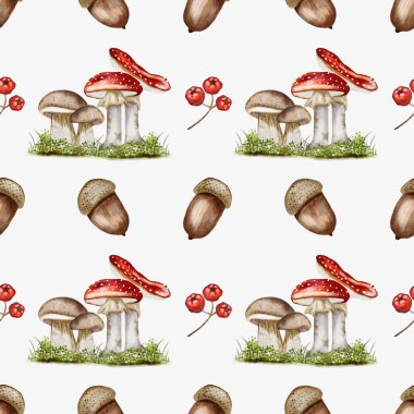 Suluboya sanatı, sonbahar tekstil ve ambalajı için ideal bir arka planda mantar ve meşe palamudu barındırır..