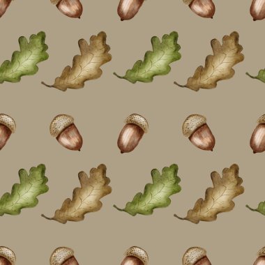 Renkli suluboya tasarımı, tekstil ve ambalaj projeleri için mükemmel, dikişsiz bir zemin üzerinde sonbahar yaprakları ve meşe palamudu içerir..