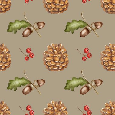 Bu suluboya tasarımı, sonbaharın özünü yansıtan kozalak, meşe palamudu ve yapraklardan oluşan kusursuz bir desen sergiliyor..