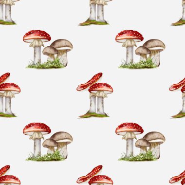 Bu pürüzsüz desen canlı sonbahar mantarları içeriyor, tekstil ve ambalaj için uygun rahat bir atmosfer yaratıyor..