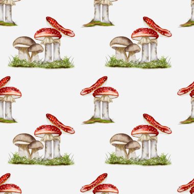 Çimenlere yerleştirilmiş çeşitli mantarlar içeren suluboya desenler, sonbahar temalı tekstil ve ambalaj için mükemmel..