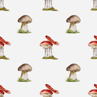 Renkli bir suluboya tasarımı, sonbahar kumaşı, ambalaj kağıdı ve duvar kağıdı için ideal mantar ve ağaçlara sahiptir..